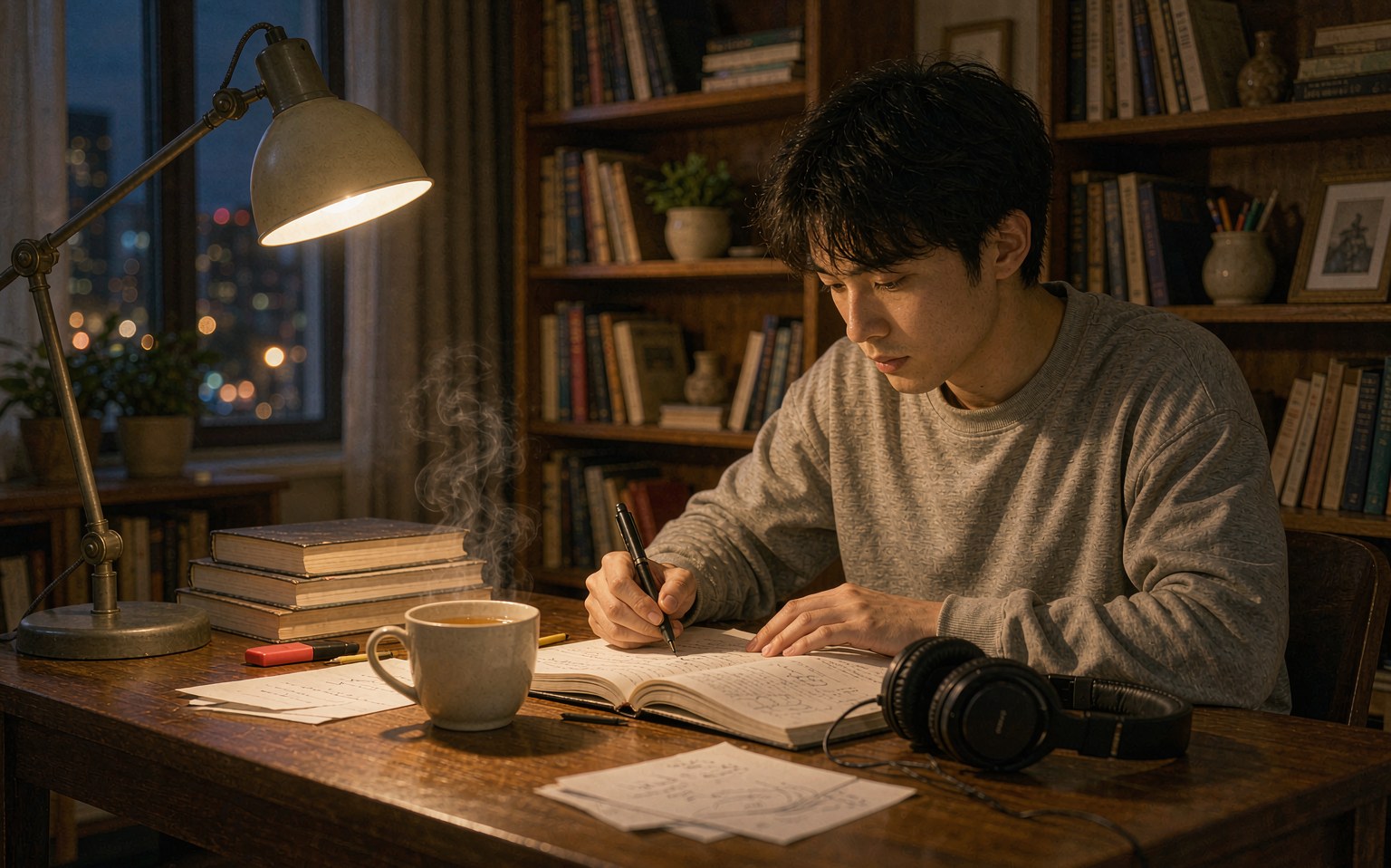 年轻人在书房书桌前备考学习