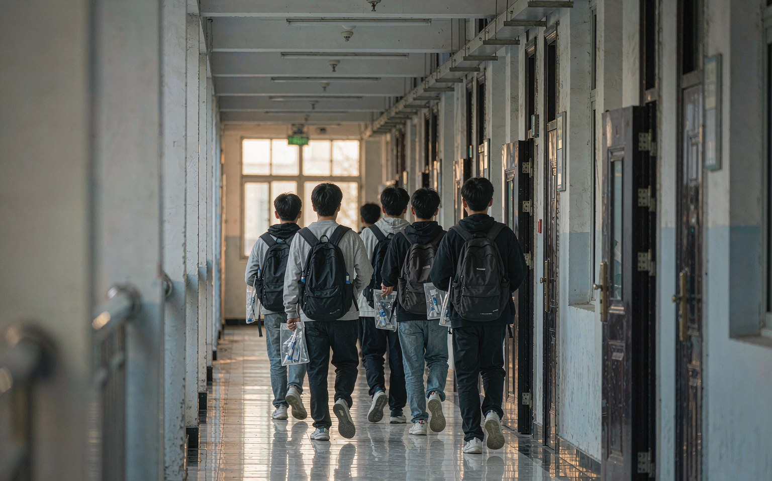 清晨教学楼走廊里走向考场的考生