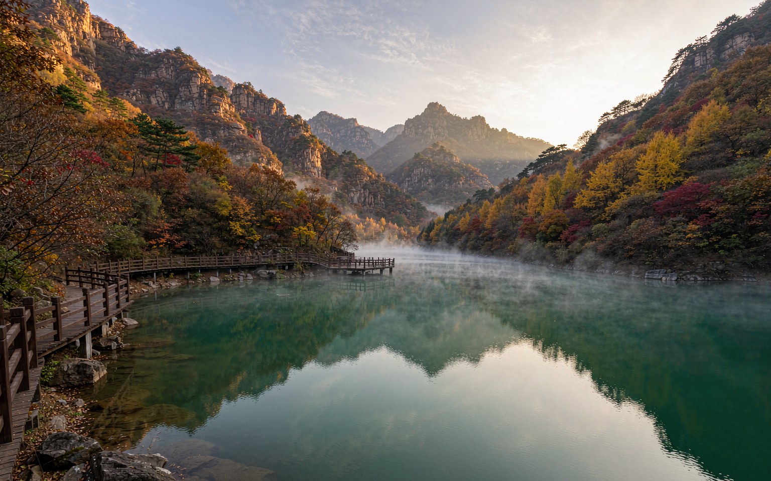 秋日木兰天池峡谷与天池湖面晨雾景色