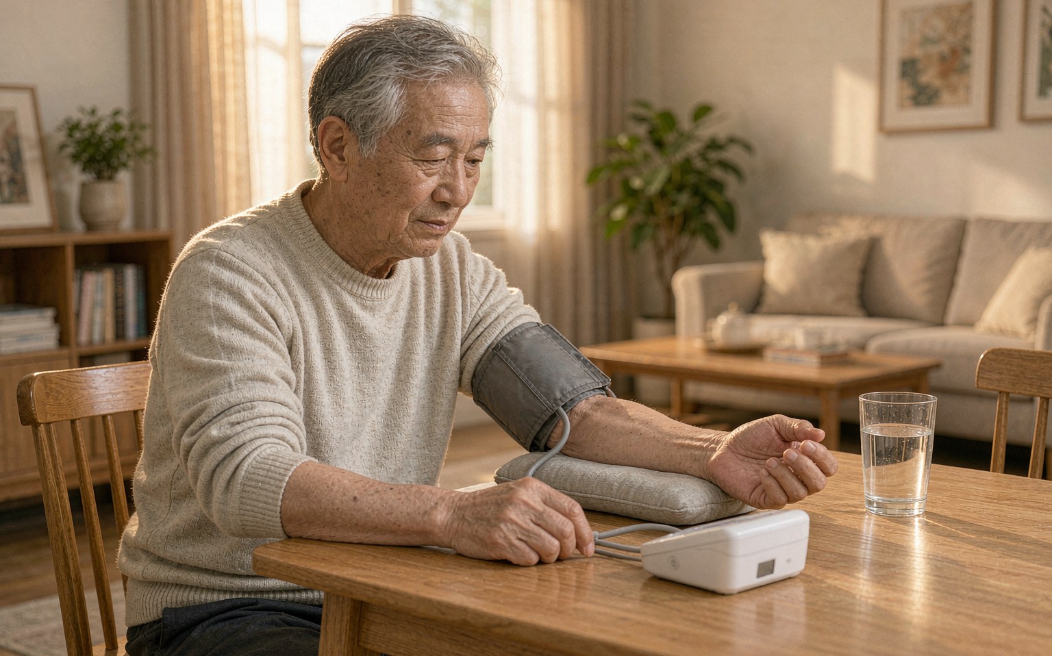 老人在家中用上臂式电子血压计自测血压